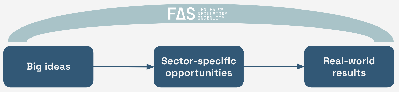 Diagram: Big Ideas, translated into Sector-specific opportunities, seeded nationally to achieve Real-world results.